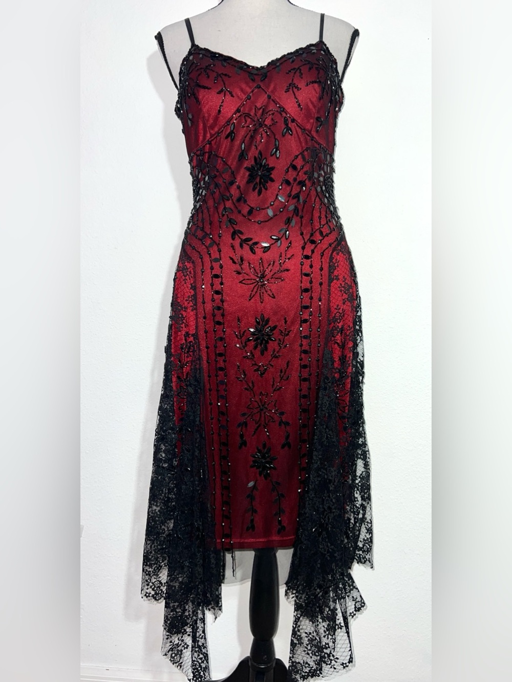 Vintage Caché Black Lace Beaded Mesh Red Slip Dress - Whimsigoth  Women’s Sz 8 - Picture 2 of 15